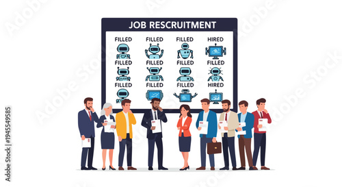 Flat 2D illustration of diverse people standing in front of a job recruitment board with various icons on a clean white background, conveying a concept related to unemployment and job search.