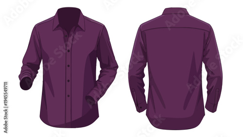 Sleek purple long-sleeve men's formal button-up shirt, front and back views, perfect for fashion design, clothing mockups, and high-quality apparel