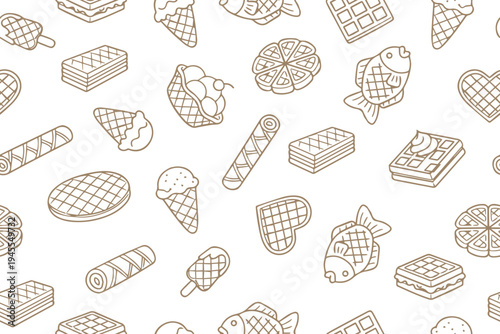 Seamless pattern of different types of waffles in doodle style. Vector illustration