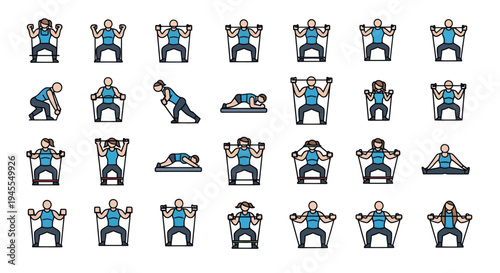 Diverse set of cartoon figures performing various resistance band exercises.