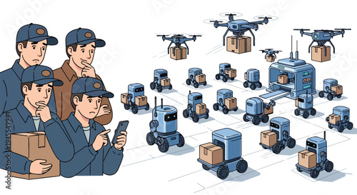 Flat 2D illustration of workers with delivery drones and robots transporting packages on a clean white background, concept related to AI and unemployment in logistics.