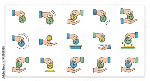 Hand Giving or Receiving Coin Icons Set Donation Investment Finance and Charity Concepts.
