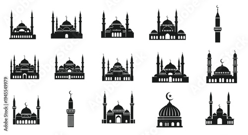 Collection of Islamic Mosque Silhouettes with Minarets and Domes.