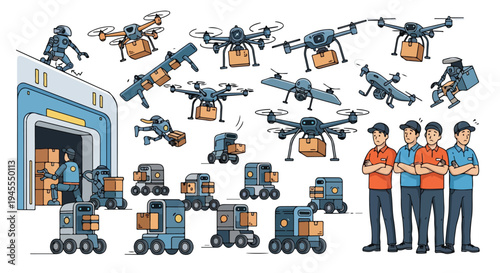 Flat 2D illustration of three workers standing beside autonomous delivery robots and drones flying with packages near a warehouse, conveying a concept related to AI and unemployment in a modern