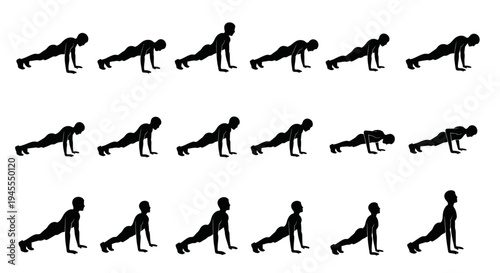 Silhouette Sequence of a Person Performing Push-Ups Demonstrating Exercise Progression.
