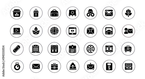 A versatile collection of black glyph icons in circular frames for business technology and media.