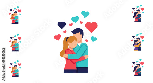 Embracing Couple Surrounded by Hearts Expressing Love and Affection in a Flat Design.