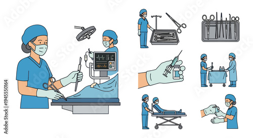 Medical professionals performing surgery with surgical tools and hospital equipment.