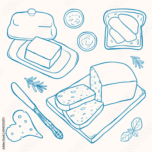 Hand drawn breakfast and bakery elements in simple doodle line style. Food set with butter dish, sliced bread loaf, toast with knife, jam bowl, honey bowl, heart shaped cheese and rosemary branches. P