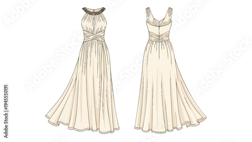 Elegant halter neck evening gown fashion illustration featuring intricate front and back details, a sophisticated design ideal for formal events and
