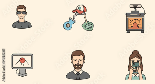 Collection of diverse cartoon-style icons featuring people objects and technology.