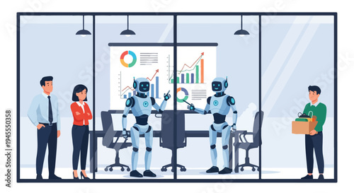 Flat 2D illustration of robots and people in a modern office discussing AI and unemployment concepts.