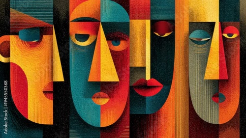 Four abstract human faces created with striking geometric shapes and vivid colors interact within a colorful artistic composition. The artwork showcases creativity and emotion.