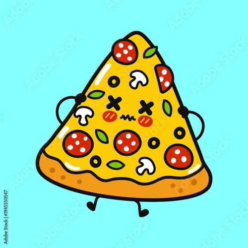 Pizza slice cartoon character feeling nauseous and sick