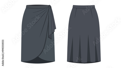 Elegant and versatile women's skirt designs presented as detailed fashion flat illustrations, showcasing a modern wrap style and a timeless pleated
