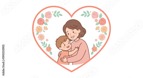 Mother hugging her little son with love in floral heart frame, happy mother's day flat vector illustration isolated on white background.
