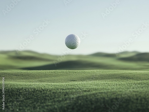 A golf ball is floating above the grass on a golf course during the afternoon. The background shows rolling hills covered in lush green grass. The sky is clear and bright.