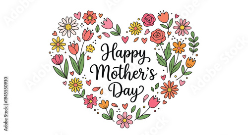 Happy Mother's Day greeting card design with hand drawn spring flowers in heart shape on white background.