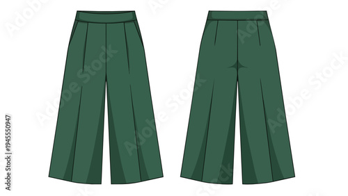 Vivid forest green wide-leg trousers fashion flat illustration offering a detailed front and back view of elegant women's palazzo pants perfect for