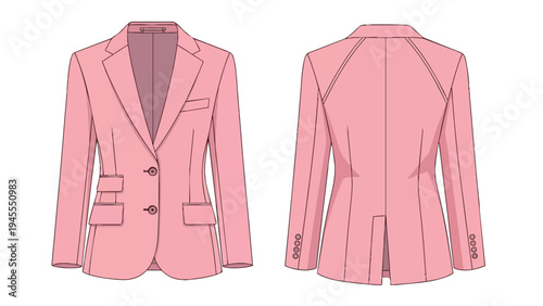 Elegant pink women's tailored blazer technical drawing. Front and back views detailed for fashion design. Classic style with buttons and pockets.
