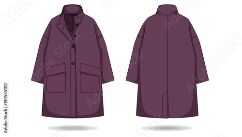 Detailed flat technical drawing of a stylish oversized plum-colored long coat showcasing front and back views ideal for fashion design and apparel
