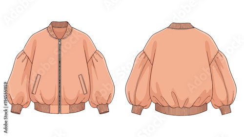 Fashion technical flat illustration of a peach bomber jacket with voluminous puff sleeves and ribbed trim, displayed in front and back views for
