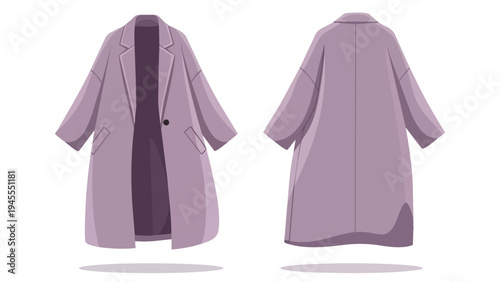 Elegant pastel purple long coat illustration displaying front and back views, perfect for fashion design, modern style guides, and versatile