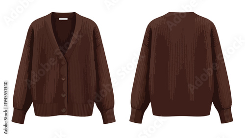 A cozy, chocolate-colored, knitted v-neck cardigan, meticulously illustrated from both front and rear perspectives, showcasing its soft ribbed