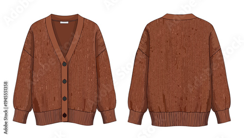 Earthy brown knitted v-neck cardigan flat lay vector illustration presenting front and back views for fashion design and textile patterns offering