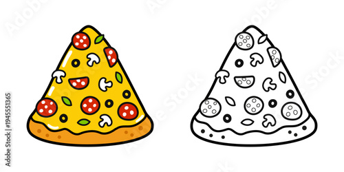 Pizza slice with toppings and coloring page outline