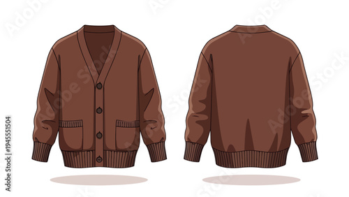 A classic brown knit v-neck cardigan with button-up front and practical pockets shown in clear front and back views for versatile cozy seasonal