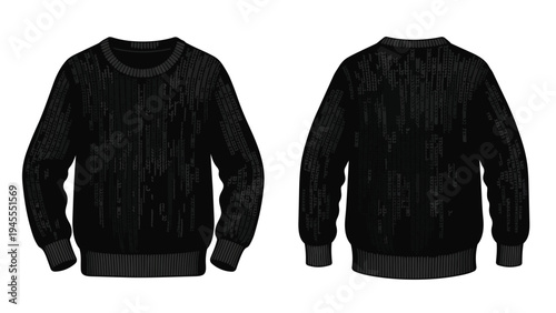Sophisticated black crewneck sweater vector illustration. Features subtle abstract vertical texture. Front and back views for modern apparel design