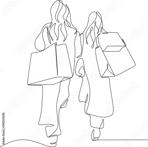 Continuous line drawing of women holding many paper bags after shopping for personal needs. Shopping fashion, cosmetics, makeup in a large shopping mall.