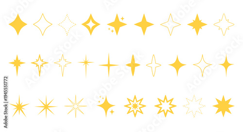 Yellow gold stars set collection. Minimal star doodle hand drawn icons. Outline drawing star clipart symbol. Vector images.