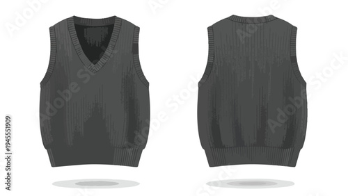 A versatile dark grey v-neck sweater vest template, meticulously presented with both front and back views, ideal for fashion design, school