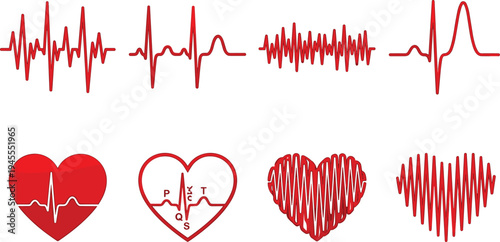 Heartbeat ECG waveform collection with heart symbols, cardiology pulse monitor lines medical health electrocardiogram vector illustration set