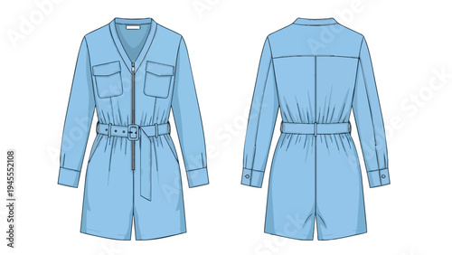 Essential technical flat drawing of a modern light blue utility playsuit, highlighting its long sleeves, front zipper closure, practical chest