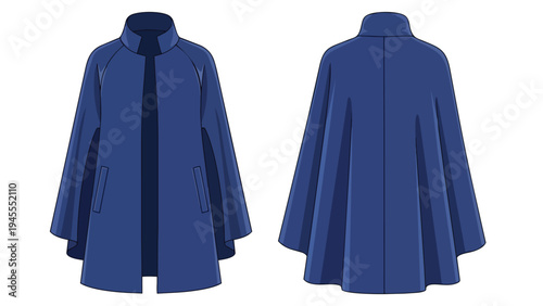 Detailed blue cape coat technical illustration for fashion design, showcasing elegant silhouette, stand collar, front pockets, and classic