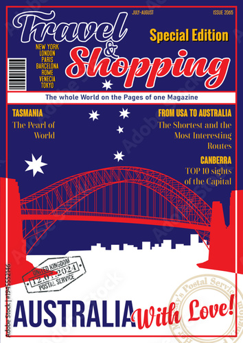 Travel and Shopping Magazine Fake Cover. Australia with Love. Sydney Harbour Bridge Illustration. Vector Template for Touristic Illustrations, Posters, Covers