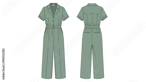 Detailed technical flat sketch of a short-sleeved collared jumpsuit with wide-leg pants