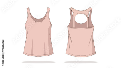 Stylish pink women's tank top with back cutout design, front and back view illustration for fashion concepts, apparel design, and garment production