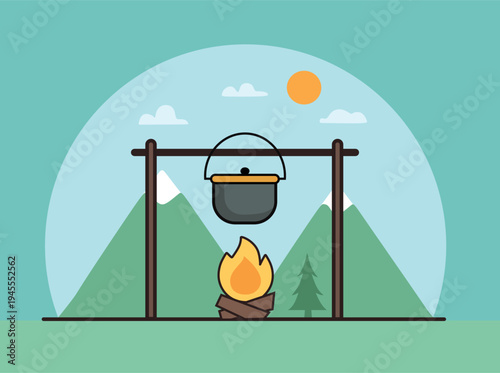  Flat vector illustration of a cooking pot hanging over a campfire on a wooden tripod. Scenic background with green mountains, a pine tree, and sun. Minimalist outdoor camping and cooking concept.