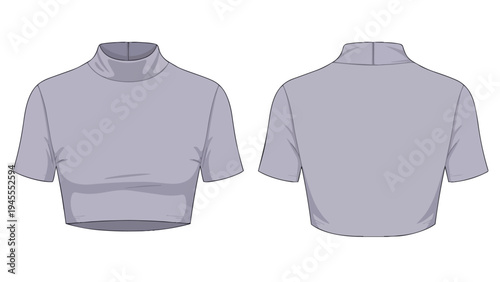 Technical flat fashion drawing of a contemporary women's light gray mock neck short sleeve crop top, showcasing precise front and back views for