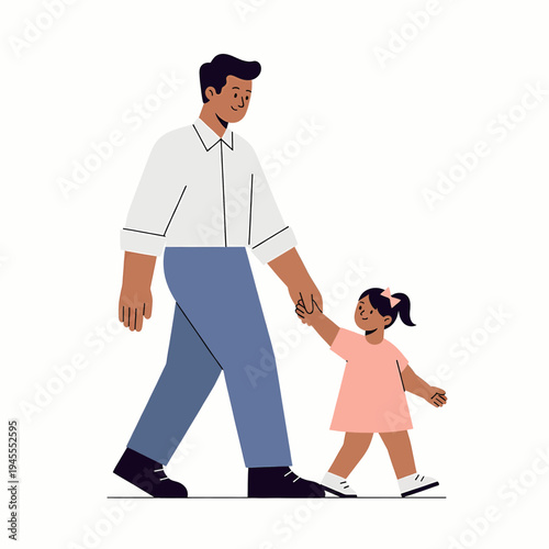 Padre e hija con lazo rosa caminando juntos, diseño simple sin trazado.