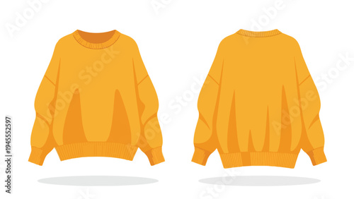 Bright yellow oversized crewneck sweatshirt, front and back view vector illustration, perfect for modern casual apparel design