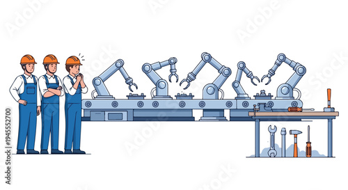 Flat 2D illustration of three workers in blue overalls standing beside a row of industrial robotic arms on a production line with tools on a workbench, conveying a concept related to AI and