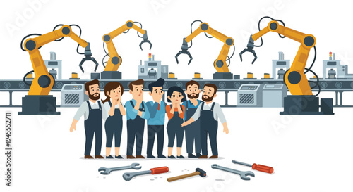 Flat 2D illustration of a diverse team standing in front of industrial robots with tools scattered on the ground in a factory setting with a concept of AI and unemployment.