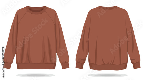 Rich rust-brown crewneck sweatshirt template vector. Front and back blank apparel for graphic design mockups. A comfy, long-sleeve pullover for