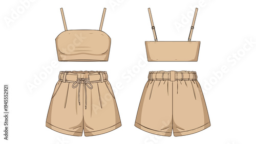 Stylish casual two-piece summer apparel featuring a modern strappy crop top and comfortable paperbag waist shorts in a versatile neutral tone for