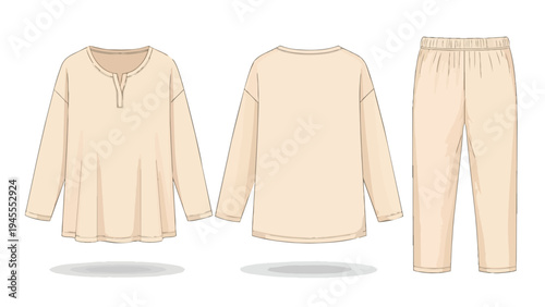 Neutral-toned relaxed loungewear set featuring long-sleeve top and elastic waist pants for ultimate comfort